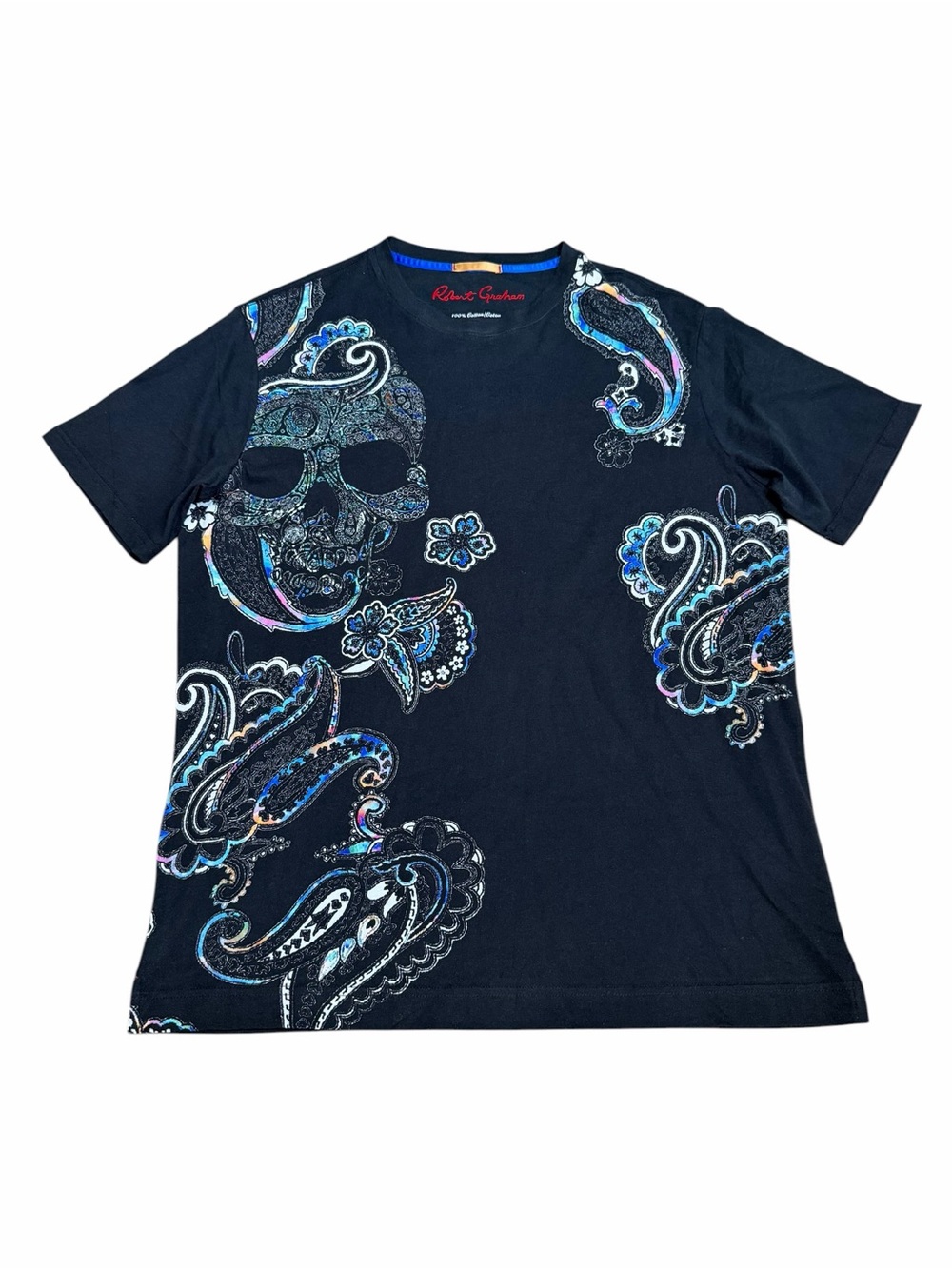 Robert Graham Men’s Black Paisley Skull Graphic Short Sleeve T-Shirt | Medium